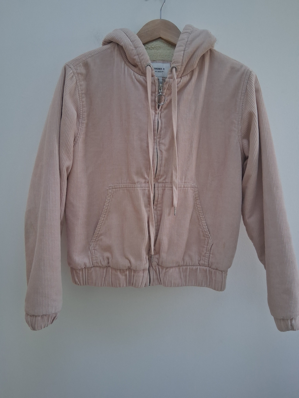 Forever 21 Blush Pink Corduroy Zip Up Sherpa Lining Hooded Jacket Medium Y2K
